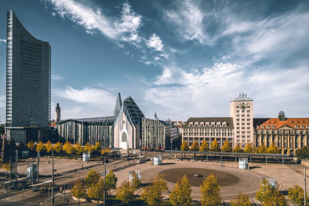 Scenic view of Augustusplatz Square surrounded by modern architecture in Leipzig Germany
